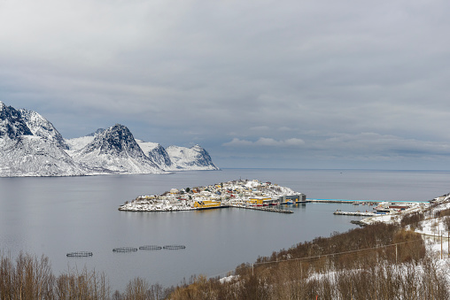 View on Husøy, Senja fishing village  in the Øyfjorden in Troms County in Northern Norways during winter. Husoy village is built on an island in the fjord.