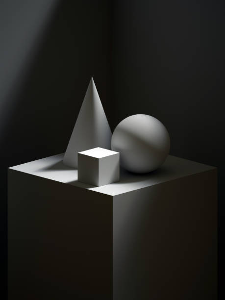 istock 3d render, sculptural primitive shapes, simple art blocks, cone, ball, cylinder, cube, classical art, dramatic light and shadow 658452292