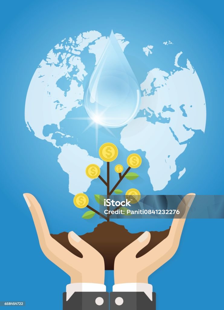 Hand of business person watering money tree concept. vector Adult stock vector