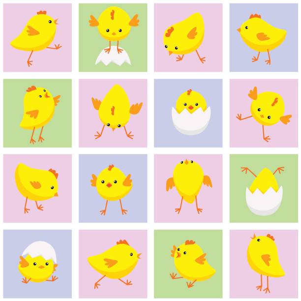 ilustrações, clipart, desenhos animados e ícones de sem costura padrão oriental com galinhas em várias poses - eggs new life shape animals and pets