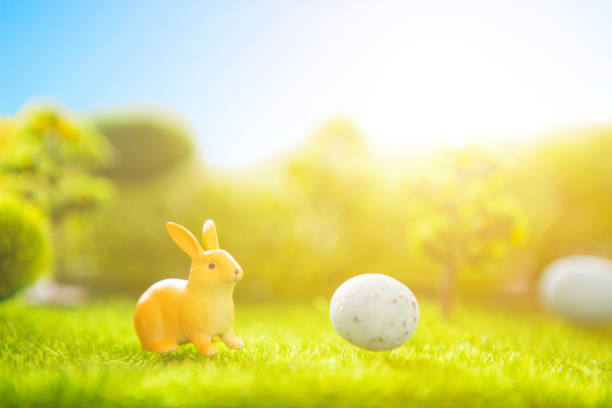 istock Easter nature holiday background with easter eggs and bunny toys on spring green grass meadow 658458282
