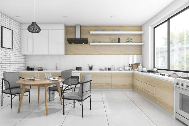istock 3d rendering white vintage kitchen with dining table and chair 658461734