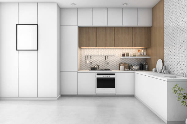 3d rendering white minimal kitchen with wood decoration stock photo