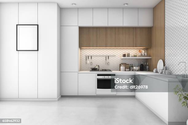 3d Rendering White Minimal Kitchen With Wood Decoration Stock Photo - Download Image Now