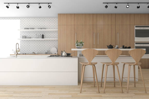 istock 3d rendering wood kitchen and minimal decoration 658463200
