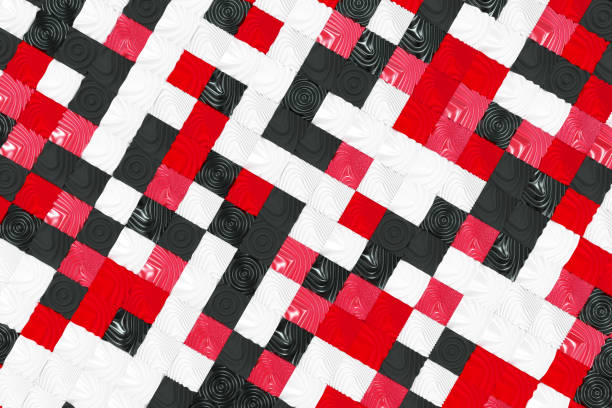 Pattern of black, white and red cubes with deformed surfaces. Wall of deformed cubes. Abstract background. 3D rendering illustration.