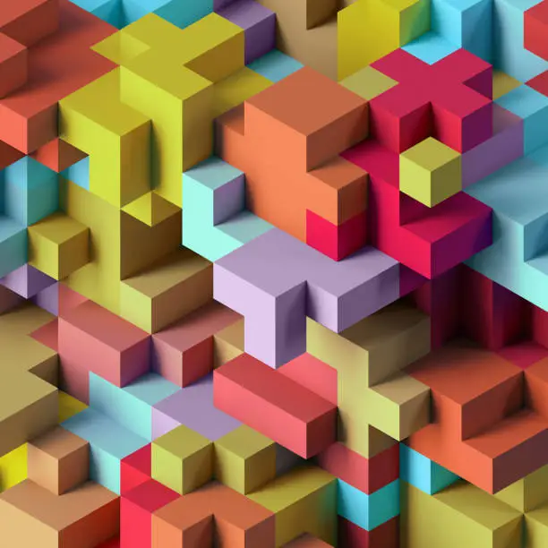 Photo of 3d render, abstract geometric background, colorful constructor, logic game, cubic mosaic, isometric wallpaper, colorful structure, cubes