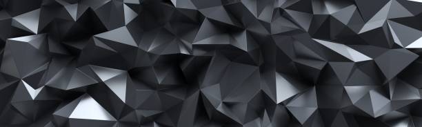 istock 3d render, abstract black crystal background, faceted texture, panorama, wide panoramic polygonal wallpaper 658469216