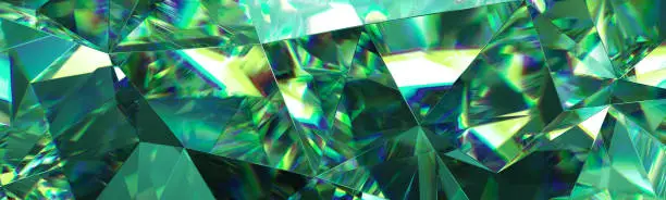 Photo of 3d render, abstract green crystal background, faceted texture, emerald gem macro, panorama, wide panoramic polygonal wallpaper