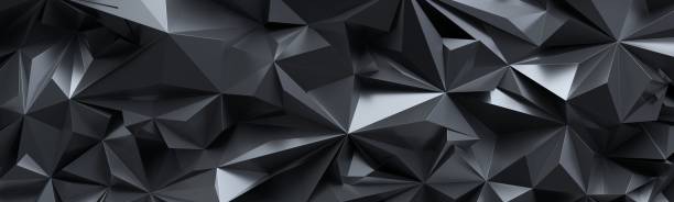 istock 3d render, abstract black crystal background, faceted texture, panorama, wide panoramic polygonal wallpaper 658469744
