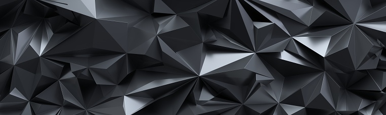 3d render, abstract black crystal background, faceted texture, panorama, wide panoramic polygonal wallpaper