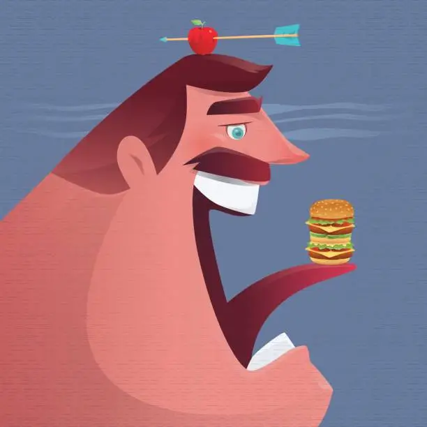 Vector illustration of man with hamburger and apple
