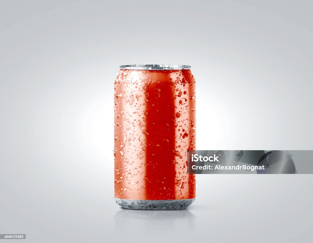 Blank red cold aluminium soda can mockup with drops Blank red cold aluminium soda can mockup with drops, 330 ml, 3d rendering. Empty fresh fizzy pop packing mock up with condensate, isolated on white. Canned dripping drink template. Cool tin package. Can Stock Photo