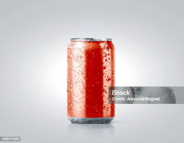 Blank Red Cold Aluminium Soda Can Mockup With Drops Stock Photo - Download Image Now