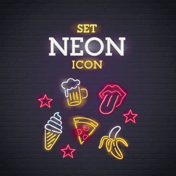 ÐеÑаÑÑ Set neon icon. Neon sign, bright signboard, light banner. neon sign ice cream stock illustrations