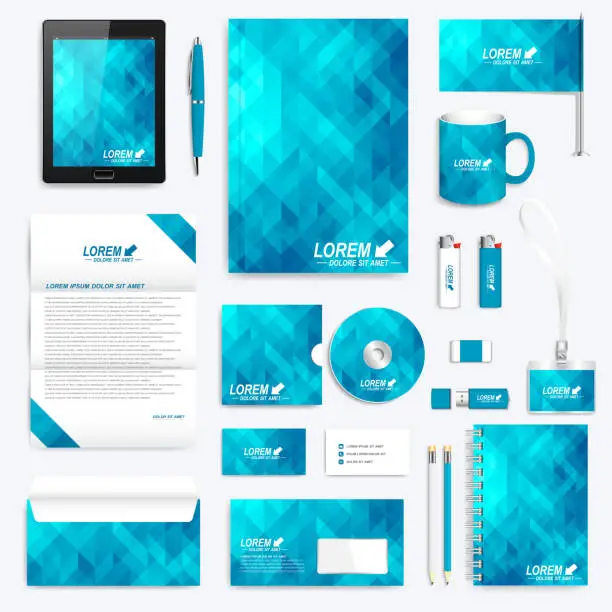 Vector illustration of Blue set of vector corporate identity template. Modern stationery mock-up. Background with blue triangles. Business, science, medicine and technology design. Branding design