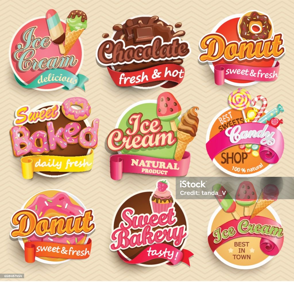 Set of sweet food labels. Set of sweet food labels. Vector illustration for cafe and restaurant menu. Logo stock vector