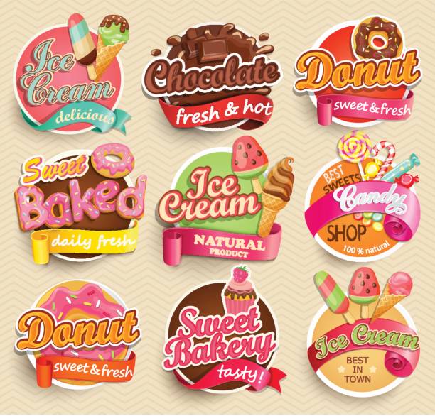 Set of sweet food labels. Set of sweet food labels. Vector illustration for cafe and restaurant menu. dessert sweet food stock illustrations