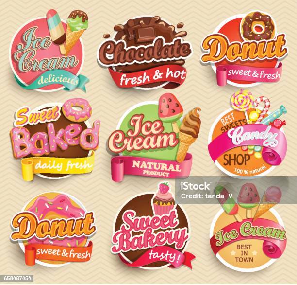 Set Of Sweet Food Labels Stock Illustration - Download Image Now - Logo, Candy, Ice Cream