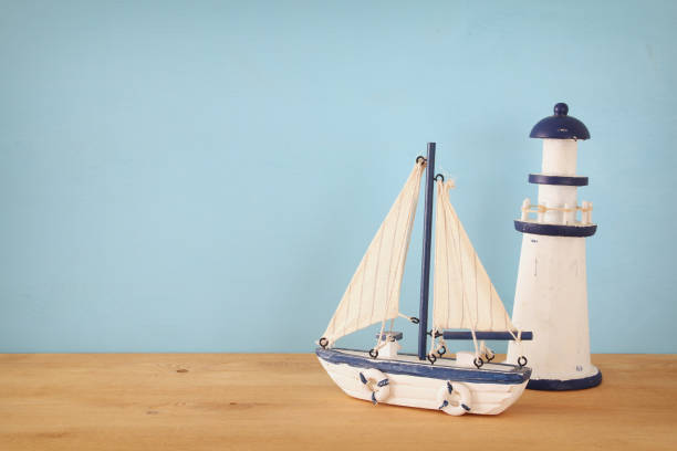 istock Nautical concept with sea life style objects on wooden table 658487650