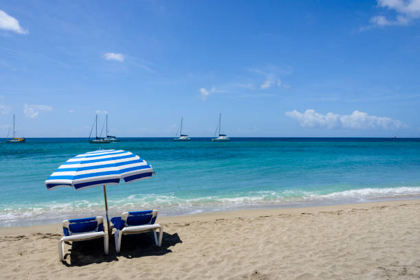 istock Lounge chairs under a beach umbrella on a beautiful beach 658488022