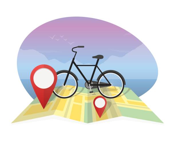 ilustrações, clipart, desenhos animados e ícones de viajante de ilustração vetorial com bicicleta em plano de fundo do mapa. - symbol computer icon icon set entertainment
