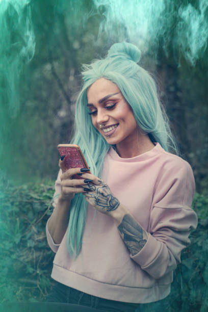 Girl with mint wig outdoor.