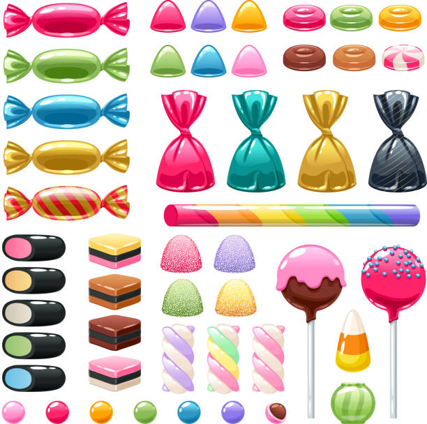 Set of different sweets. Assorted candies Set of sweets on white background - marshmallow, licorice, hard candy, dragee, cake pop, toffee, jelly, peppermint candy, chocolate vector illustration hard candy stock illustrations