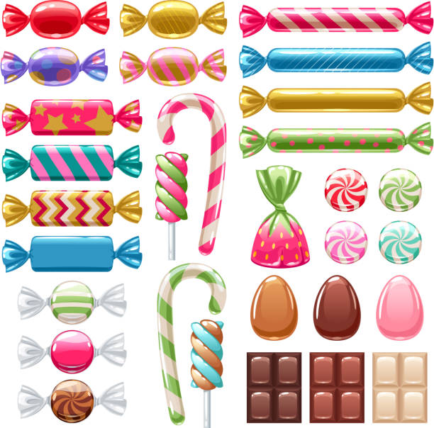 Set of different sweets. Assorted candies Set of sweets on white background - hard candy, chocolate egg and bar, candy cane, lollipop, peppermint. Vector illustration. hard candy stock illustrations