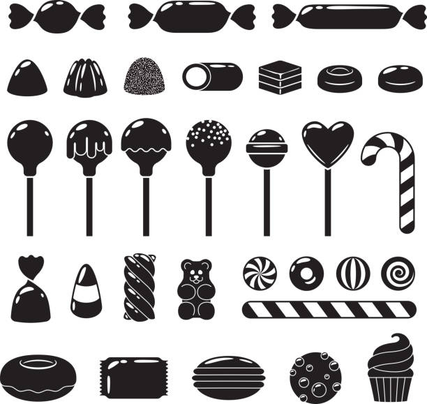 Set of different sweets. Assorted candies Set of black and white sweets - marshmallow, gummy bears, hard candies, dragee, jelly, licorice, candy cane, peppermint candy, donut, cupcake macaron cookie vector illustration lollipop stock illustrations