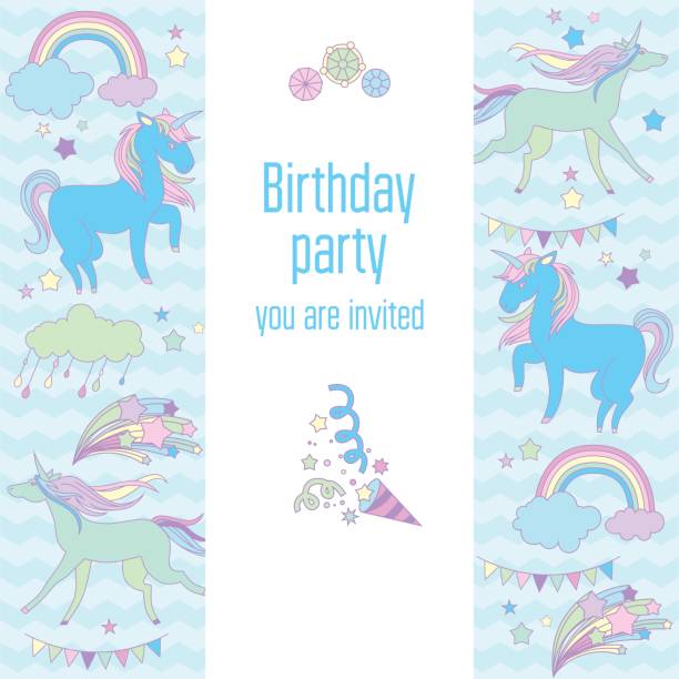 istock Unicorn holiday card with fireworks, clouds and unicorns 658502862