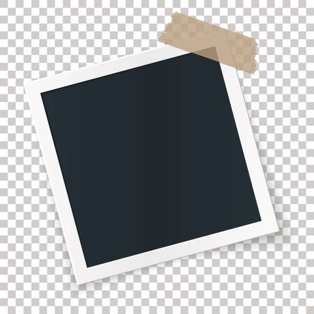 Square image place concept, single isolated object on transparent background. Square rotated image frame concept, single isolated object sticked with beige tape pieces on transparent background. Vector detailed illustration edge for images and pictures. adhesive note photos stock illustrations