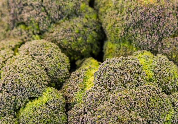 Heap of Calabrese broccoli at a market stall.