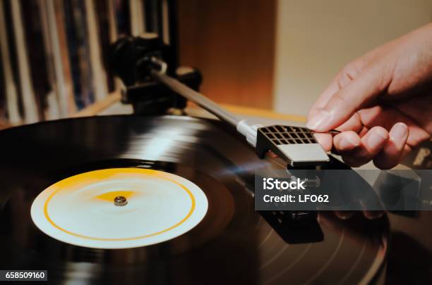 Record Player And Womans Hand Stock Photo - Download Image Now - Record - Analog Audio, Turntable, Music