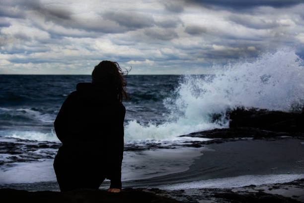 istock woman watching high waves on cloudy day 658509232