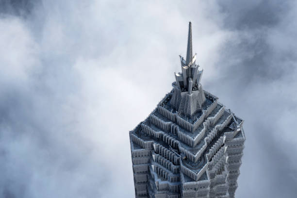 Close-up Jin Mao Tower in the thick fog at morning, Shanghai.