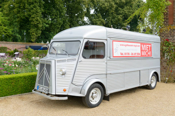 Citroen HY classic panel van parked in a park Citroen HY classic panel van parked in a park.The car is on display during the 2016 Classic Days ticketed event at Dyck Castle in Juchen, Germany. citroen hy stock pictures, royalty-free photos & images