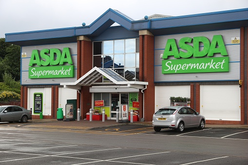 SHEFFIELD, UK - JULY 10, 2016: ASDA Supermarket in Sheffield, Yorkshire, UK. Retail sales generate 5 percent of UK GDP, amounting to 339 billion GBP annually.