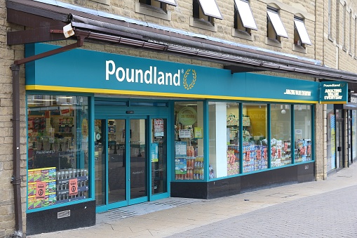 HUDDERSFIELD, UK - JULY 10, 2016: Poundland discount store in Huddersfield, West Yorkshire, UK. Poundland is a British variety store chain with 450 locations.