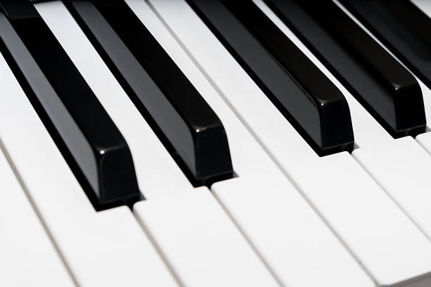 istock Concert piano keys white and black angle view 658522784