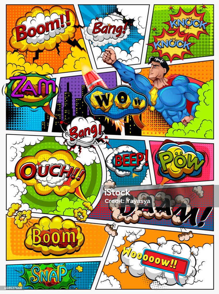 Comic book page divided by lines with speech bubbles, rocket, superhero and sounds effect. Retro background mock-up. Comics template. Illustration Comic Book stock illustration