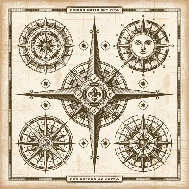 illustrazioni stock, clip art, cartoni animati e icone di tendenza di set rose bussola vintage - compass compass rose north direction