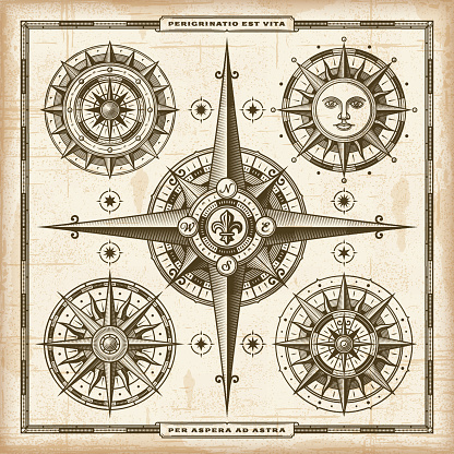 A set vintage nautical compass roses in retro woodcut style. EPS10 vector illustration.