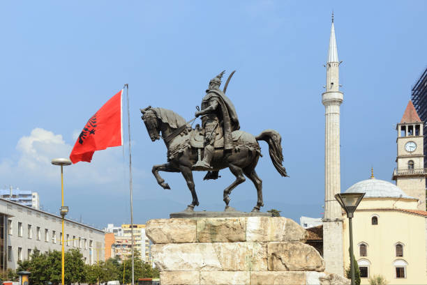 Skanderberg statues in Tirana, Albania TIRANA - AUG 14: Skanderberg statue shown on 14 August 2009 in Tirana Albania. This 11 m monument was inaugurated in the 1968 on the 500th anniversary of the death of Skanderbeg, created by Odhise Paskali tirana photos stock pictures, royalty-free photos & images