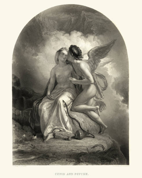 Cupid and Psyche Vintage engraving of Cupid and Psyche a story originally from Metamorphoses. It concerns the overcoming of obstacles to the love between Psyche and Cupid and their ultimate union in a sacred marriage. psyche stock illustrations