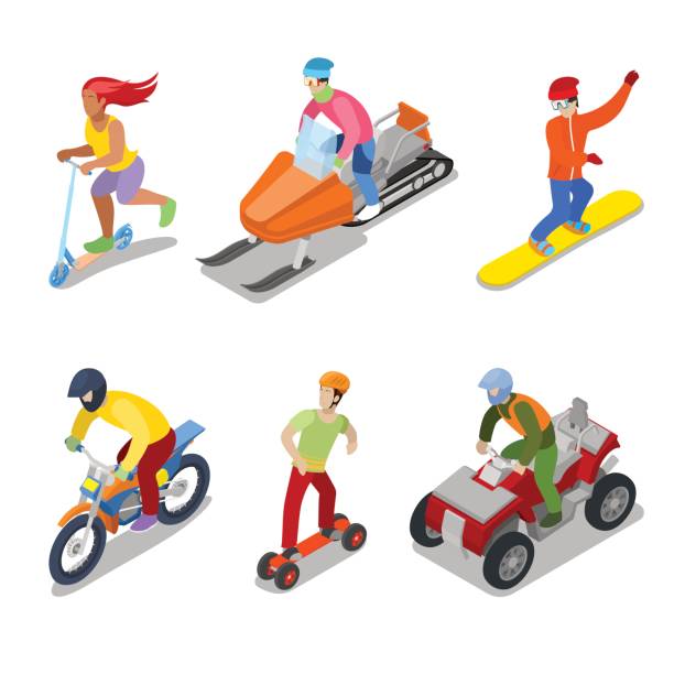 ilustrações de stock, clip art, desenhos animados e ícones de people on snowboard, atv and motorcycle. extreme sports - chemical set car men