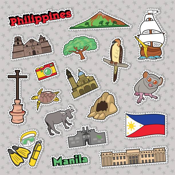 ilustraciones, imágenes clip art, dibujos animados e iconos de stock de set de viaje de filipinas con arquitectura y animales para estampados, pegatinas - manila cathedral