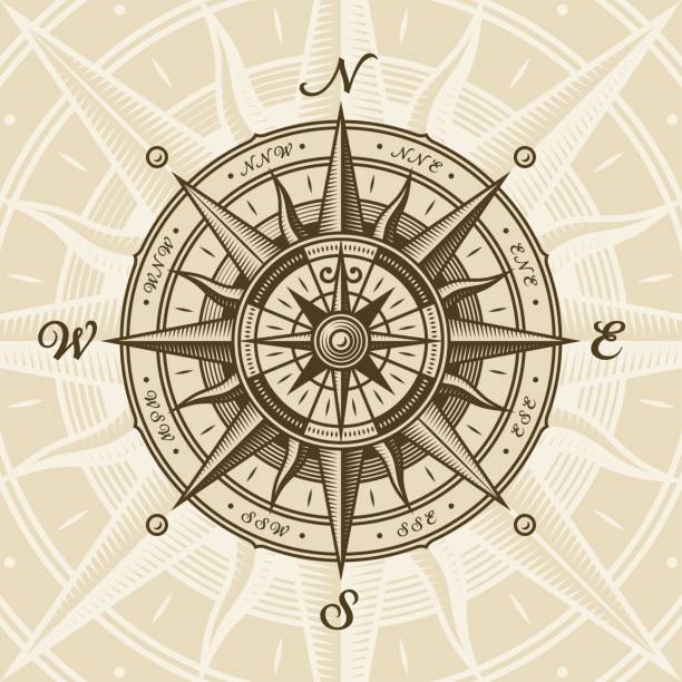Vintage nautical compass rose Vintage nautical compass rose in woodcut style. Vector illustration with clipping mask. compass rose stock illustrations