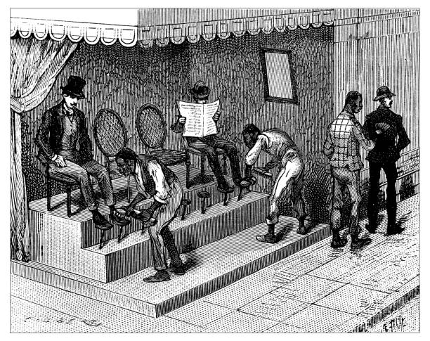 Antique engraving illustration: shoeshiner or boot polisher Antique engraving illustration: shoeshiner or boot polisher drawing of slaves working stock illustrations