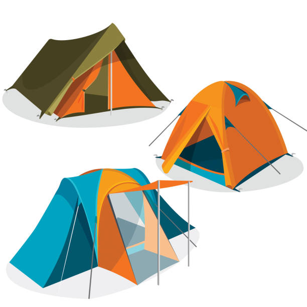 ilustraciones, imágenes clip art, dibujos animados e iconos de stock de turístico de toldo colección de iconos de tiendas de camping. pabellones de senderismo vector ilustración - tent camping dome tent single object